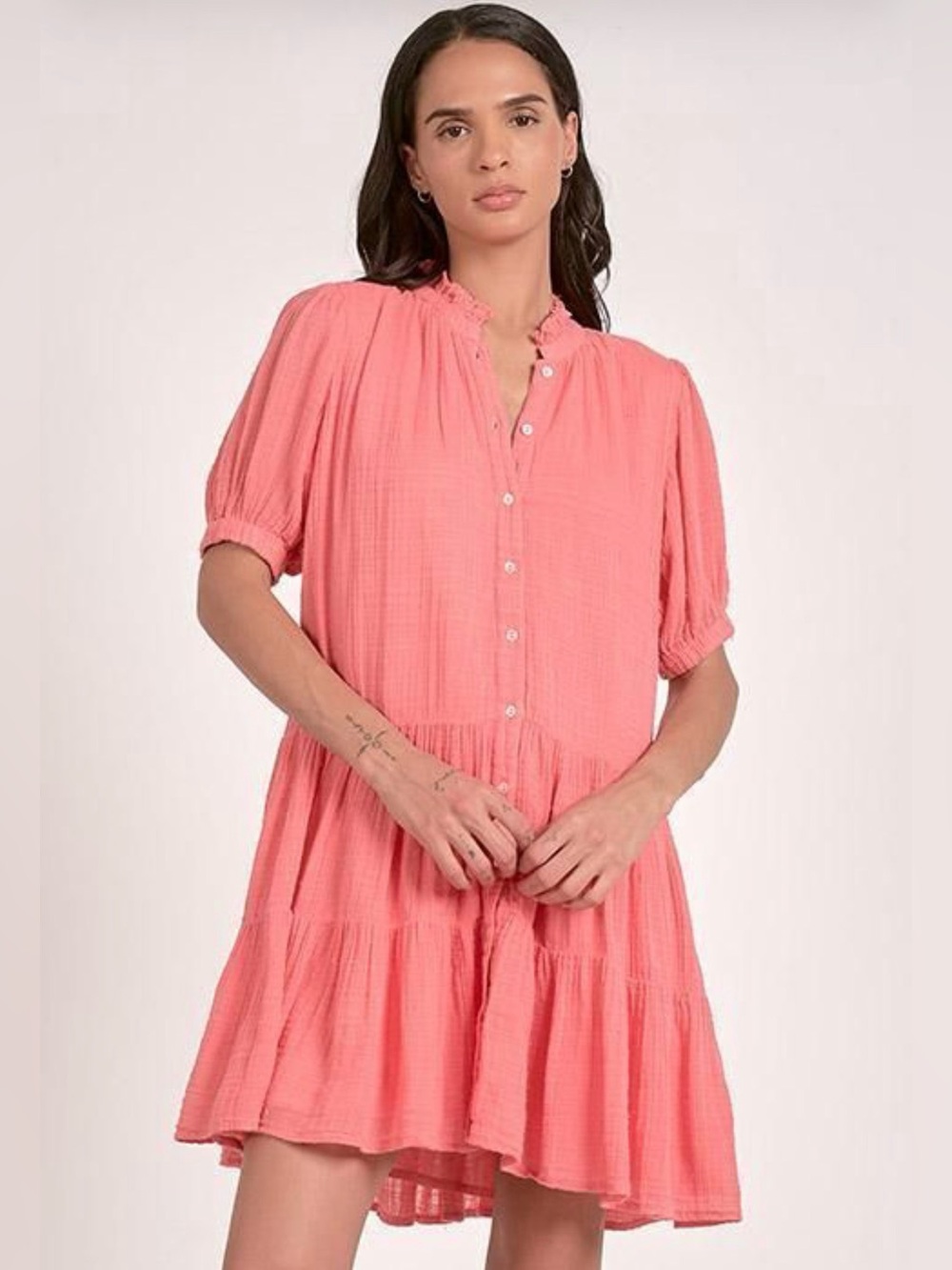 Button-Front Coral Tiered Mini Dress